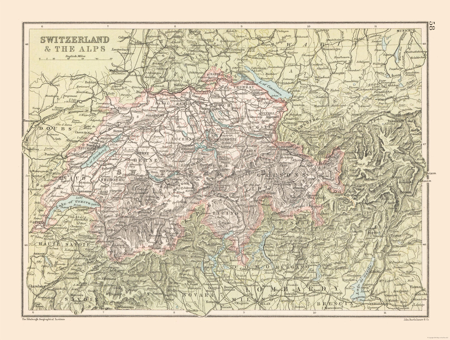 Historic Map - Switzerland Alps - Bartholomew 1892 - 30.44 x 23 - Vintage Wall Art