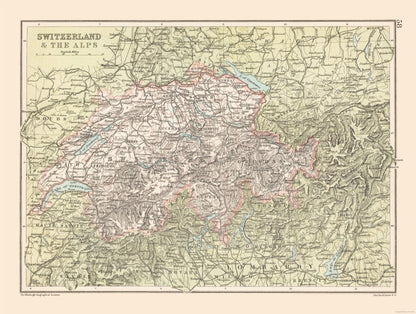 Historic Map - Switzerland Alps - Bartholomew 1892 - 30.44 x 23 - Vintage Wall Art