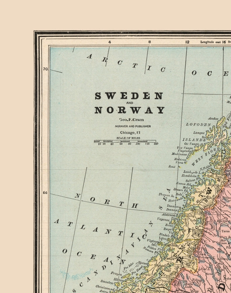 Historic Map - Sweden Norway - Cram 1888 - 23 x 29.05 - Vintage Wall Art