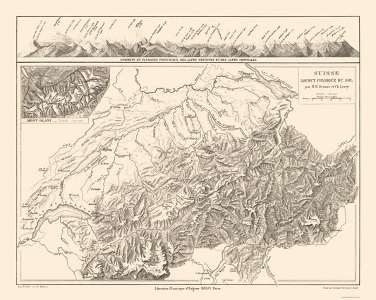 Historic Map - Switzerland Physical - Drioux 1882 - 28.86 x 23 - Vintage Wall Art