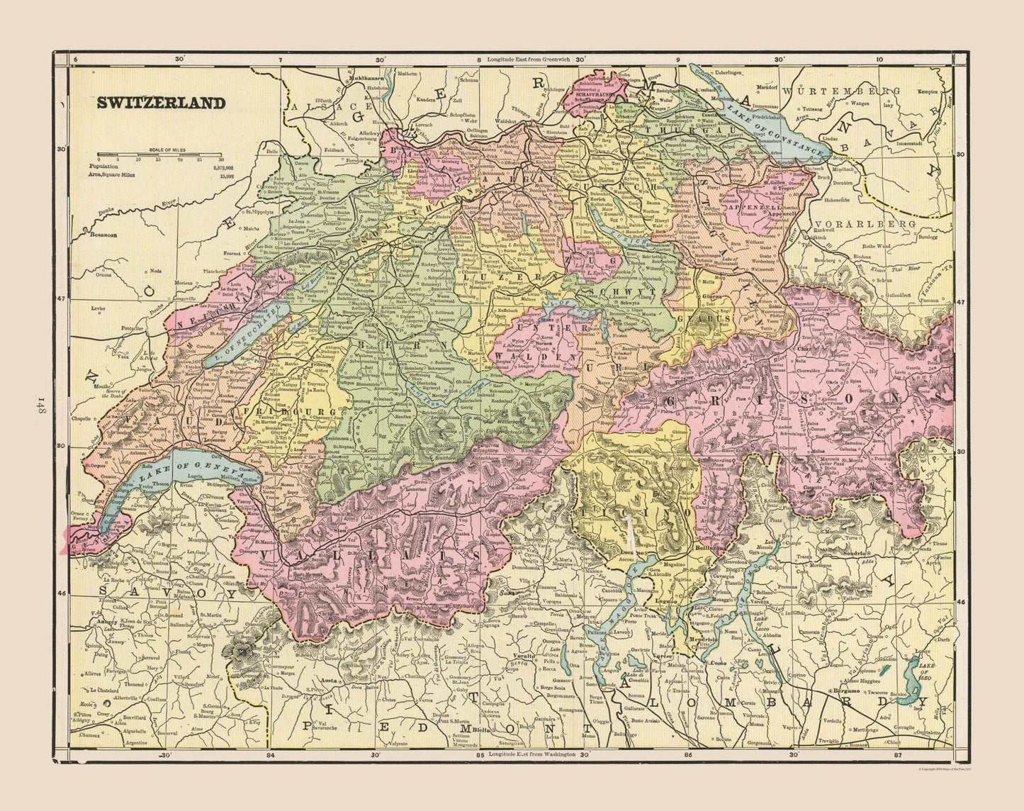 Historic Map - Switzerland - Cram 1892 - 29.04 x 23 - Vintage Wall Art