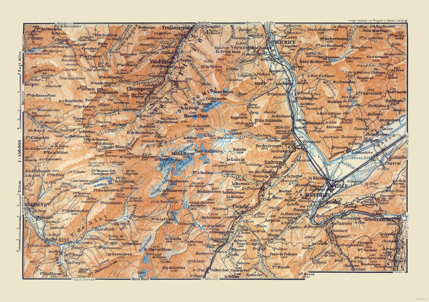 Historic Map - Dents du Midi Switzerland France - Baedeker 1921 - 32.70 x 23 - Vintage Wall Art