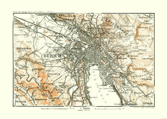 Historic Map - Zurich Switzerland Elevation - Baedeker 1921 - 32.25 x 23 - Vintage Wall Art