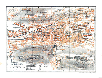 Historic Map - St Gallen Switzerland - Baedeker 1921 - 29.94 x 23 - Vintage Wall Art