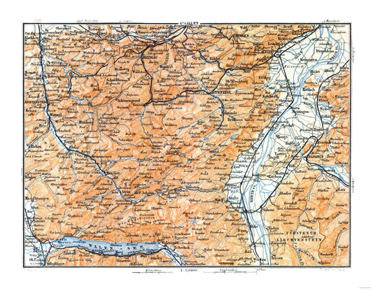 Historic Map - St Gallen Canton Switzerland - Baedeker 1921 - 29.46 x 23 - Vintage Wall Art