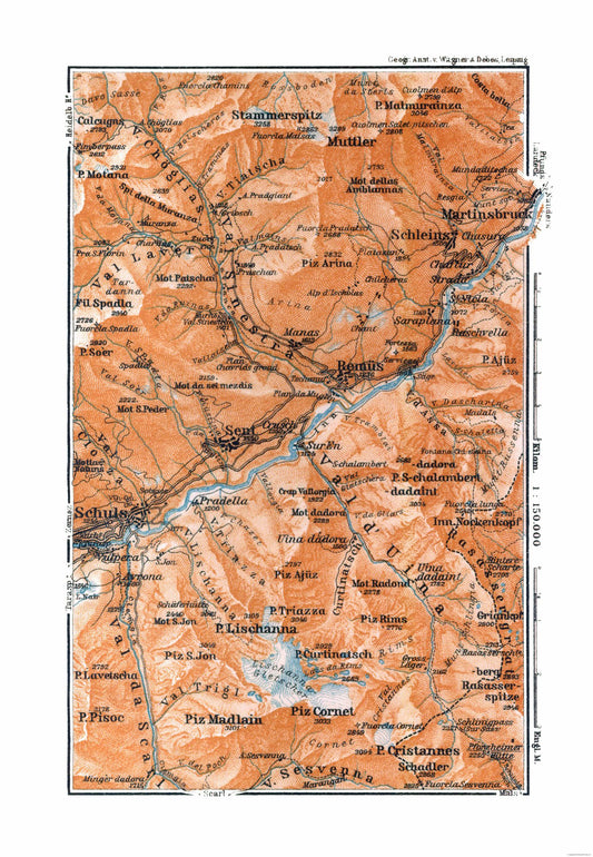 Historic Map - Martinsbruck Region Switzerland - Baedeker 1921 - 23 x 33.25 - Vintage Wall Art