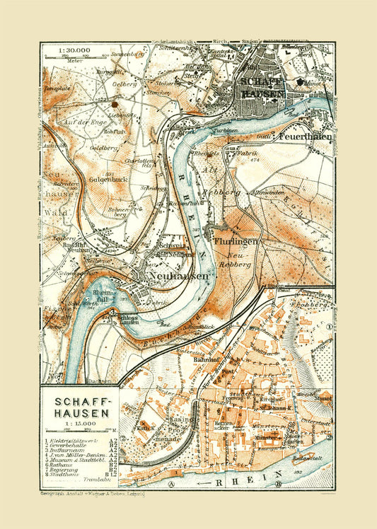 Historic Map - Schaffhausen Switzerland - Baedeker 1921 - 23 x 32.29 - Vintage Wall Art