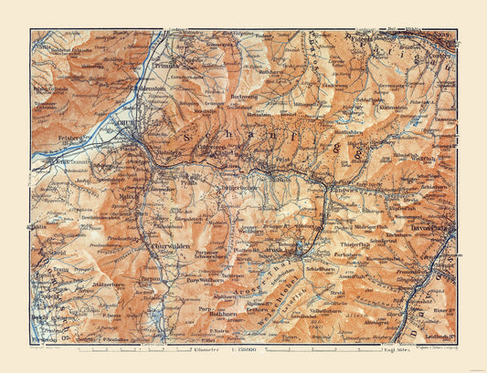 Historic Map - Schanfigg Switzerland - Baedeker 1921 - 30.01 x 23 - Vintage Wall Art