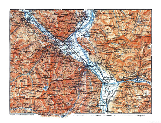 Historic Map - Switzerland Eastern - Baedeker 1921 - 30.20 x 23 - Vintage Wall Art