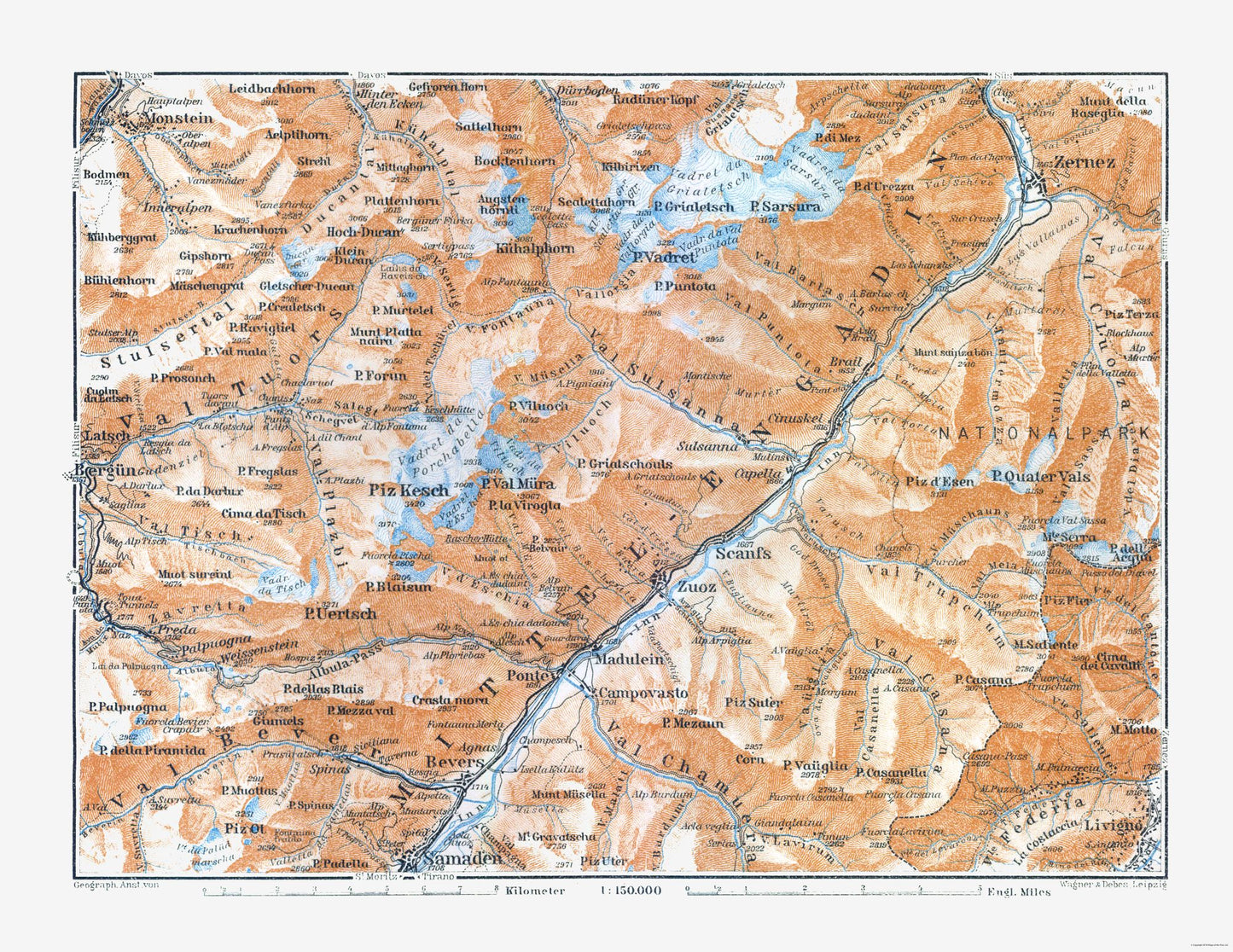 Historic Map - Engadin Switzerland - Baedeker 1921 - 29.78 x 23 - Vintage Wall Art