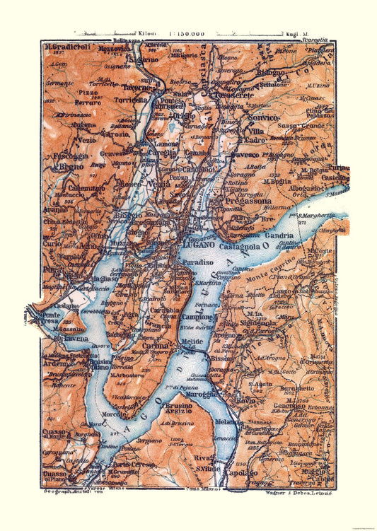 Historic Map - Lugano Switzerland - Baedeker 1921 - 23 x 32.43 - Vintage Wall Art