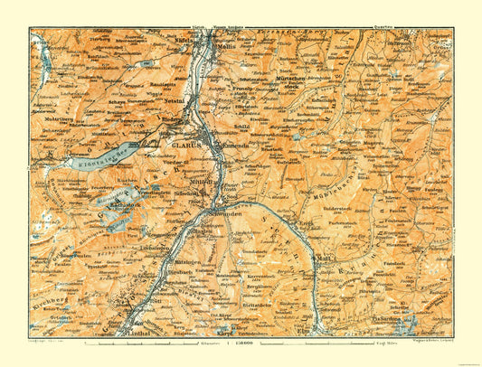 Historic Map - Glarus Canton Switzerland - Baedeker 1921 - 30.16 x 23 - Vintage Wall Art