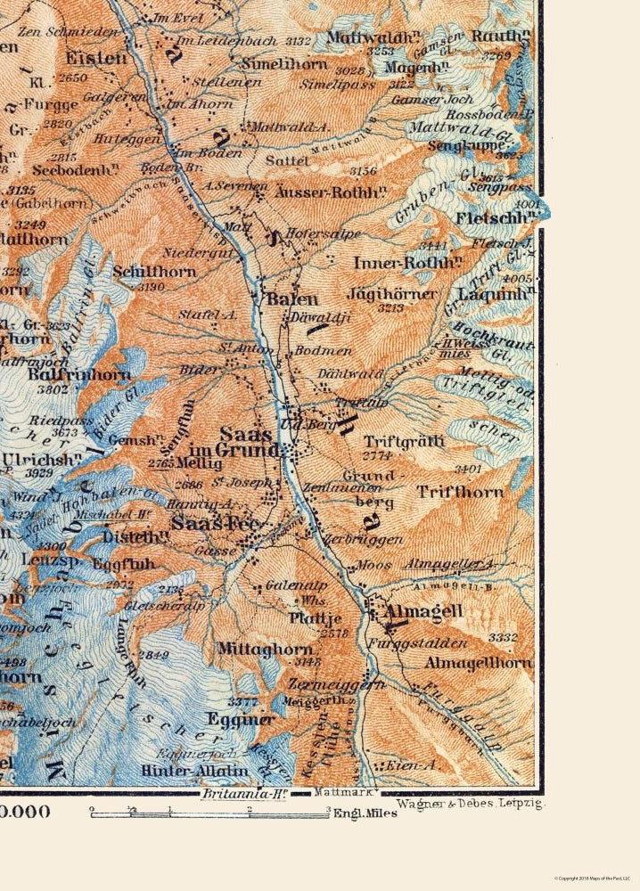 Historic Map - Stalden Switzerland - Baedeker 1921 - 23 x 32.02 - Vintage Wall Art