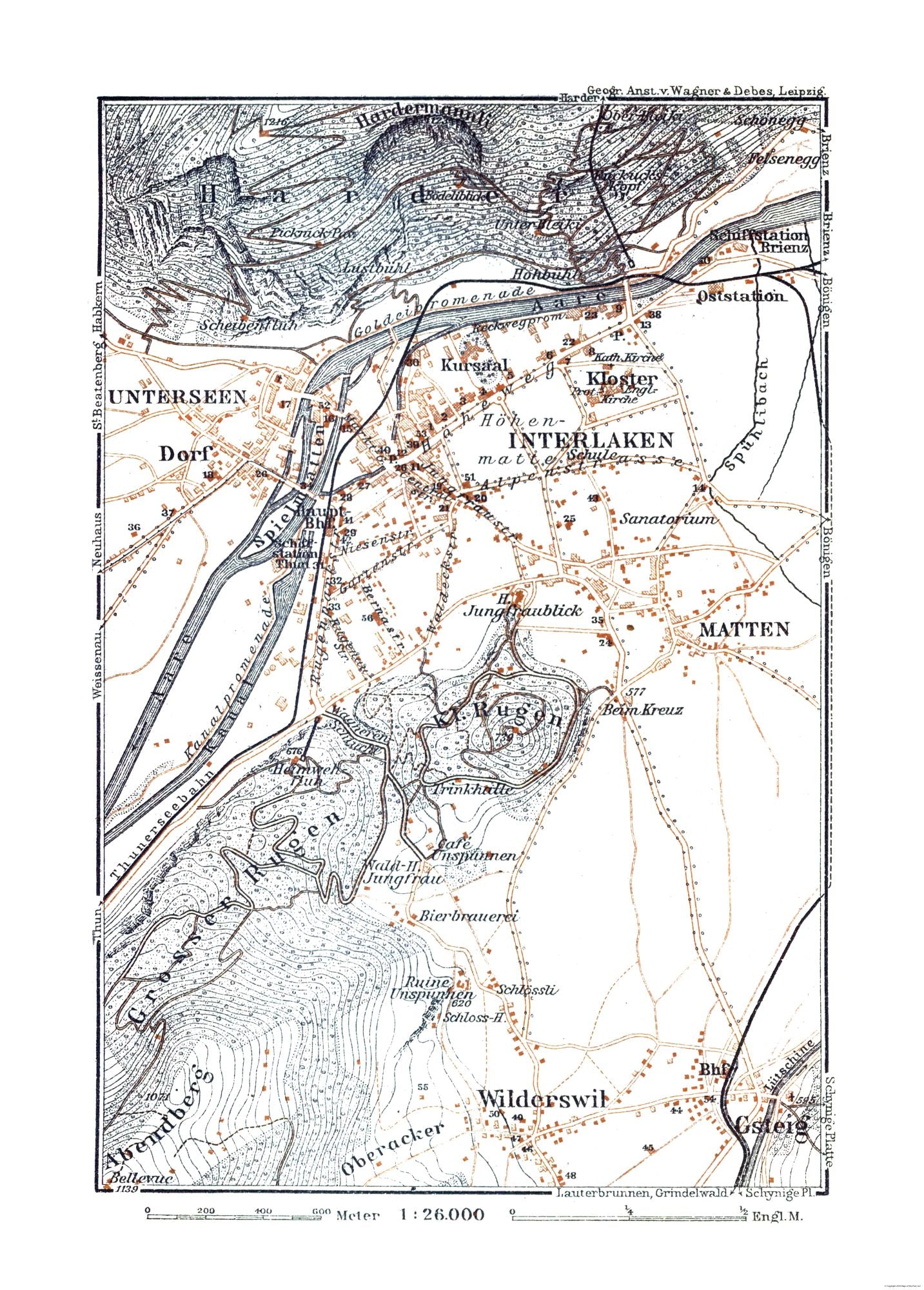 Historic Map - Interlaken Switzerland - Baedeker 1921 - 23 x 32.10 - Vintage Wall Art