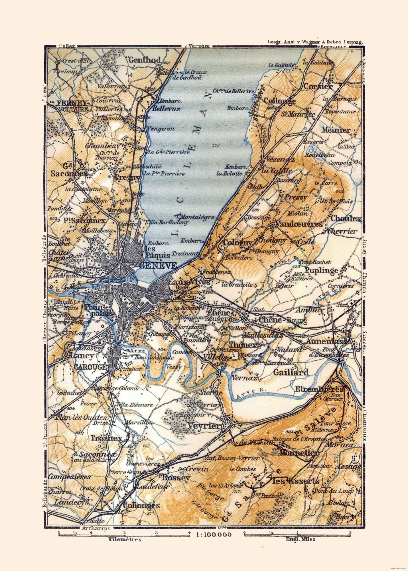 Historic Map - Geneva Switzerland France - Baedeker 1921 - 23 x 32.14 - Vintage Wall Art