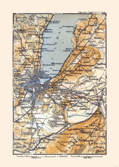 Historic Map - Geneva Switzerland France - Baedeker 1921 - 23 x 32.14 - Vintage Wall Art