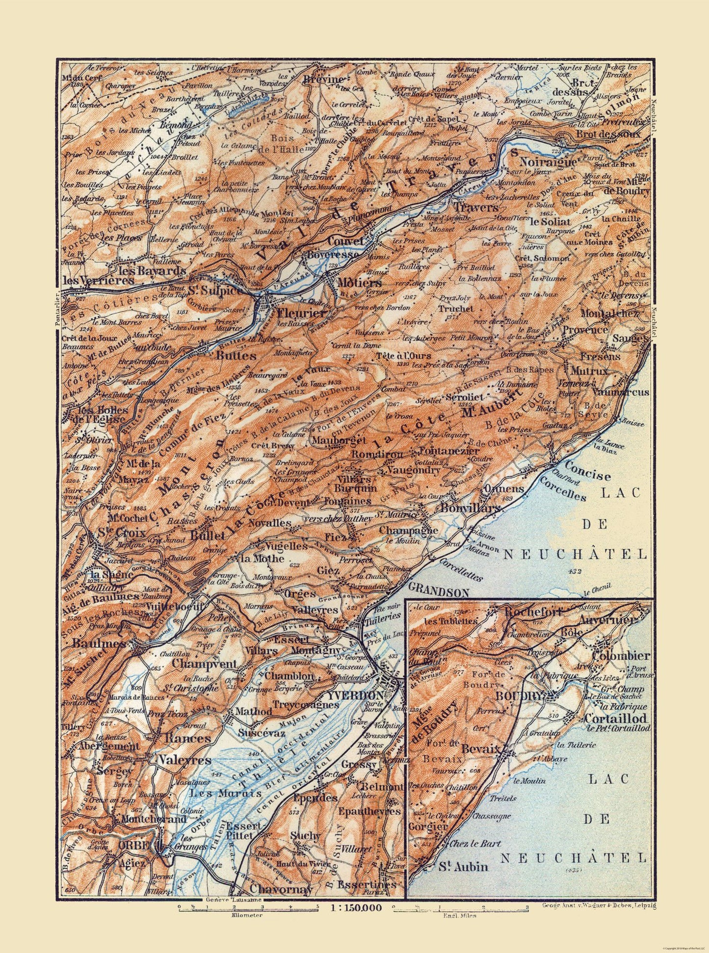 Historic Map - Fleurier Switzerland - Baedeker 1921 - 23 x 30.92 - Vintage Wall Art