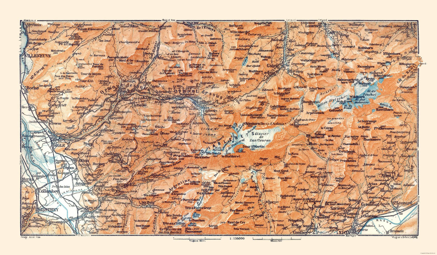 Historic Map - Diablerets Region Switzerland - Baedeker 1921 - 39.47 x 23 - Vintage Wall Art