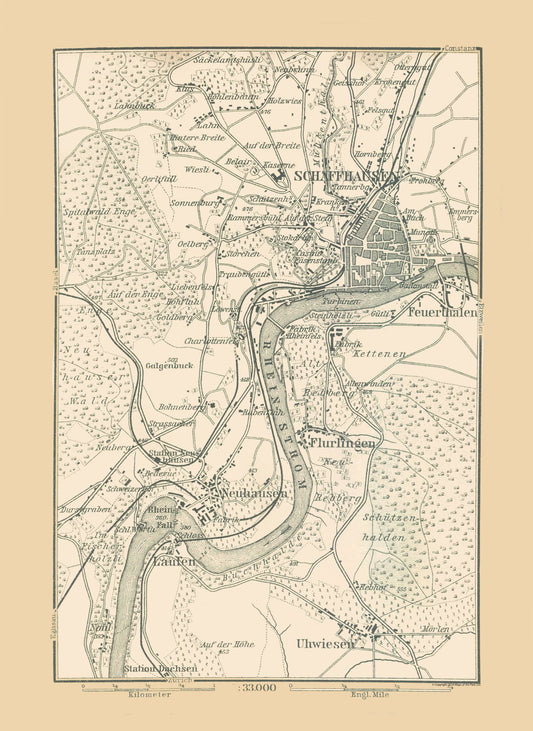 Historic Map - Schaffhausen Switzerland - Baedeker 1896 - 23 x 31.56 - Vintage Wall Art