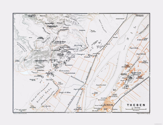 Historic Map - Thebes Egypt - Baedeker 1913 - 30.15 x 23 - Vintage Wall Art