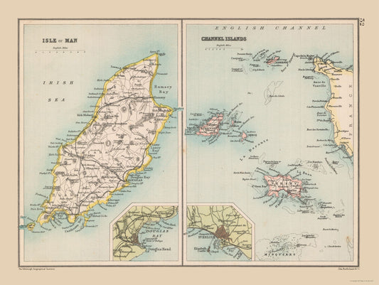 Historic Nautical Map - Isle of Man Channel Islands - Bartholomew 1892 - 30.53 x 23 - Vintage Wall Art