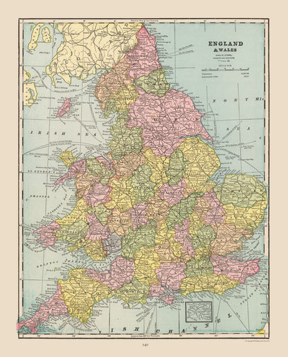 Historic Map - England Wales - Cram 1892 - 23 x 28.47 - Vintage Wall Art