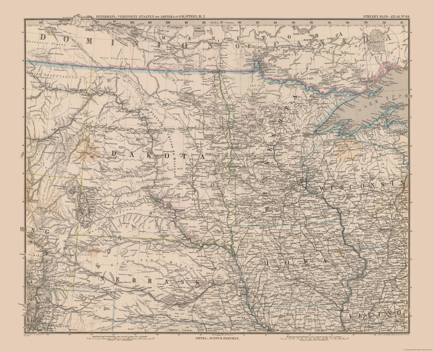 Historic State Map - Midwest - Stielers  1885 - 28.31 x 23 - Vintage Wall Art