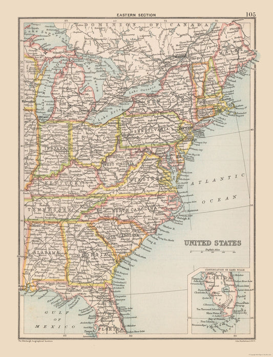 Historic Map - United States Eastern - Bartholomew 1892 - 30.10 x 23 - Vintage Wall Art