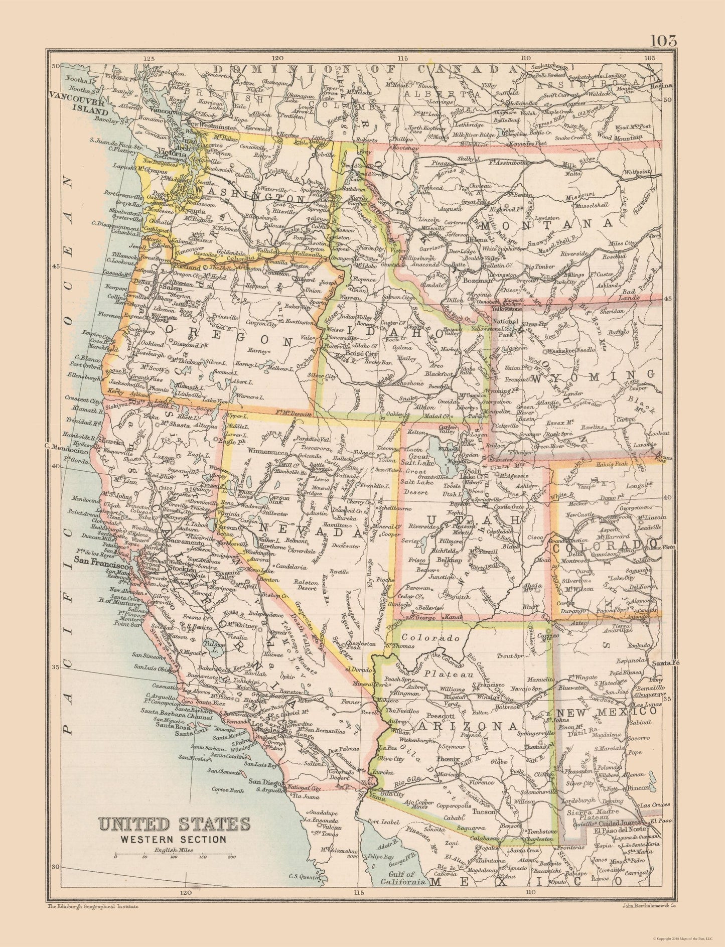 Historic Map - United States Western - Bartholomew 1892 - 23 x 30.04 - Vintage Wall Art