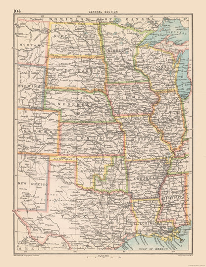 Historic Map - United States Central - Bartholomew 1892 - 23 x 29.88 - Vintage Wall Art