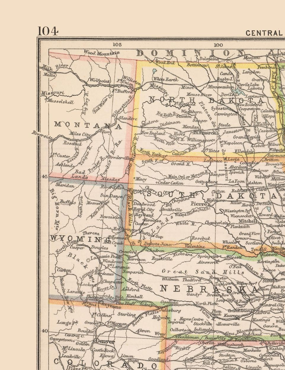 Historic Map - United States Central - Bartholomew 1892 - 23 x 29.88 - Vintage Wall Art