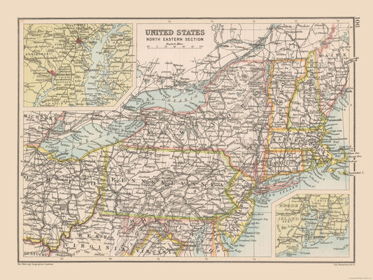 Historic Map - United States North Eastern - Bartholomew 1892 - 30.68 x 23 - Vintage Wall Art