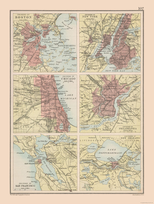 Historic Map - United States Major Cities - Bartholomew 1892 - 23 x 30.45 - Vintage Wall Art