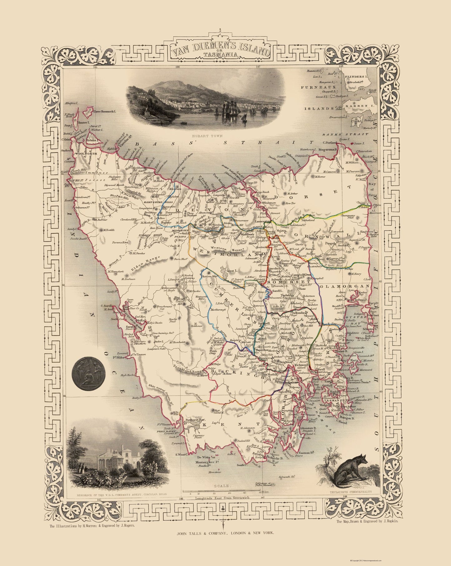 Historic Map - Van Diemens Land Tasmania Australia - Tallis 1851 - 23 x 28.83 - Vintage Wall Art