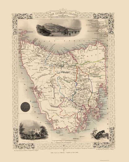 Historic Map - Van Diemens Land Tasmania Australia - Tallis 1851 - 23 x 28.83 - Vintage Wall Art
