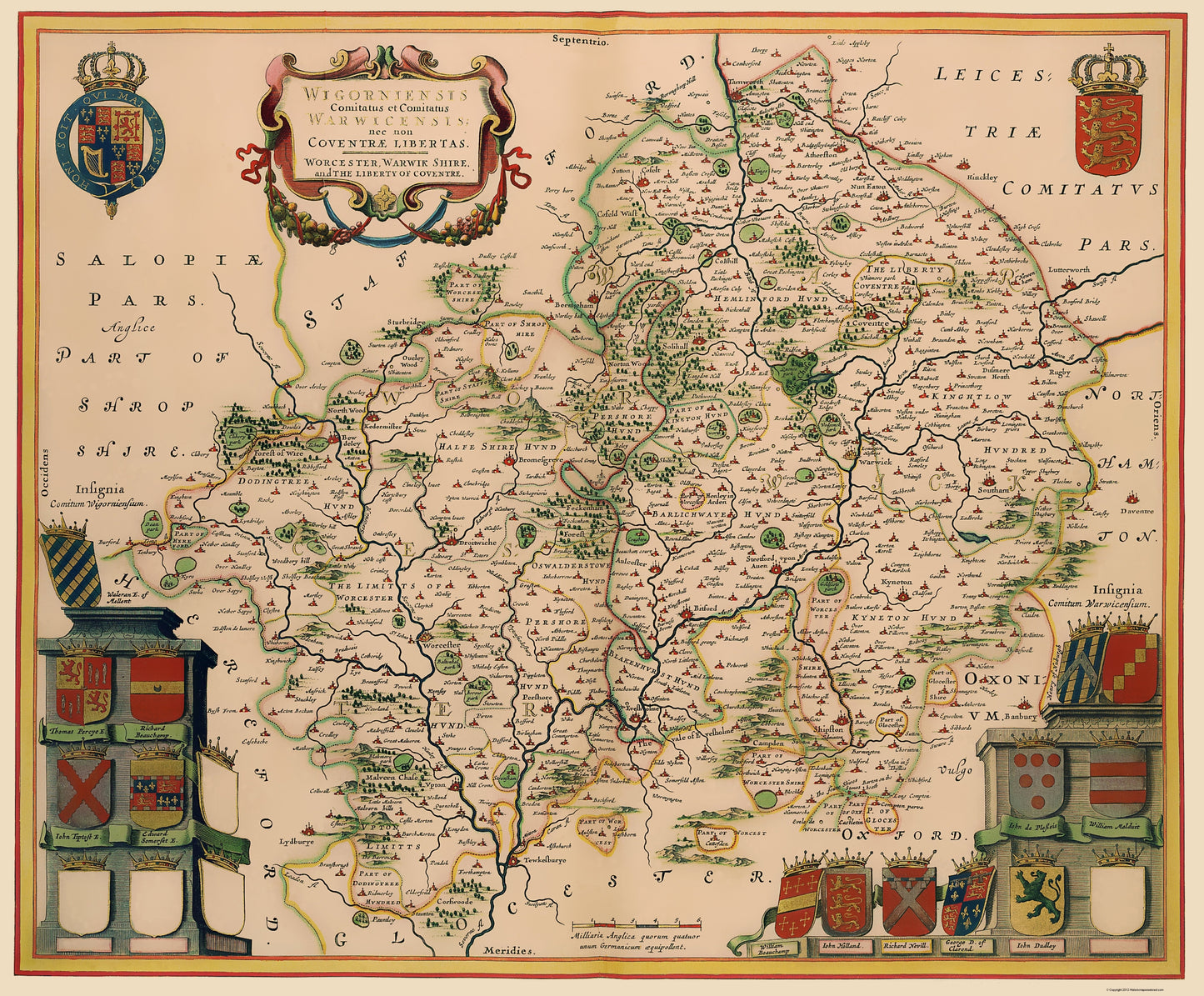 Historic Map - Warwickshire Worcestershire Counties England - Jansson 1646 - 23 x 27 - Vintage Wall Art