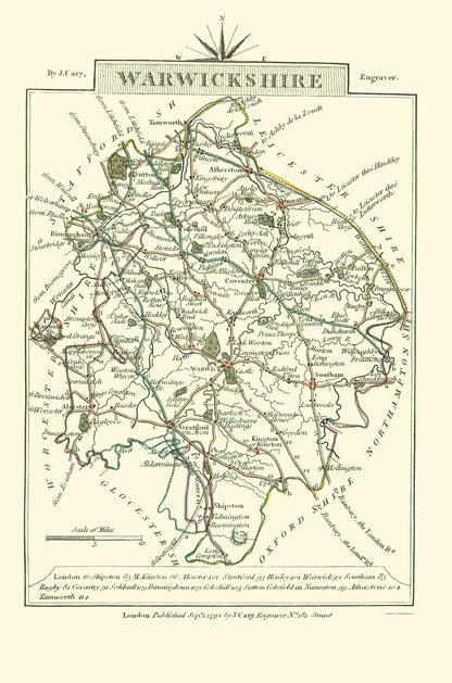 Historic Map - Warwickshire County England - Cary 1792 - 23 x 34.76 - Vintage Wall Art