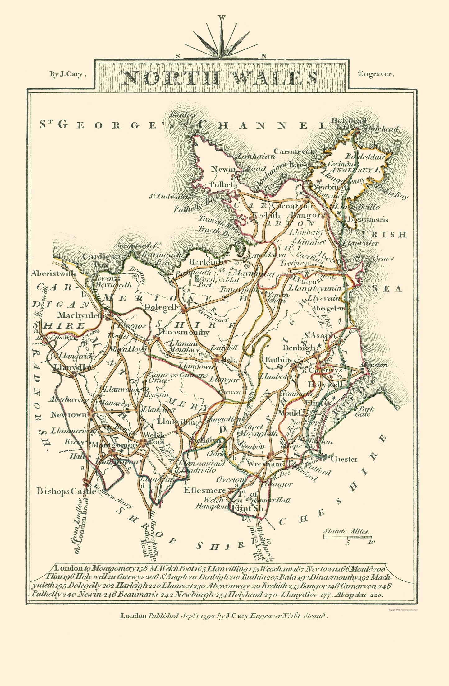 Historic Map - North Wales - Cary 1792 - 23 x 35.09 - Vintage Wall Art