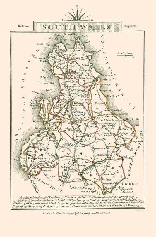 Historic Map - South Wales - Cary 1792 - 23 x 34.77 - Vintage Wall Art