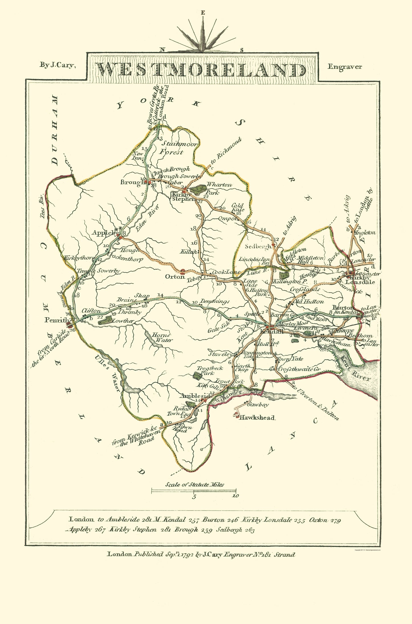 Historic Map - Westmoreland County England - Cary 1792 - 23 x 34.82 - Vintage Wall Art