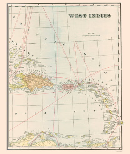 Historic Map - West Indies - Cram 1898 - 23 x 27.32 - Vintage Wall Art