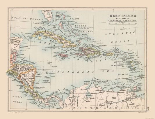 Historic Map - Central America West Indies - Bartholomew 1892 - 30.07 x 23 - Vintage Wall Art