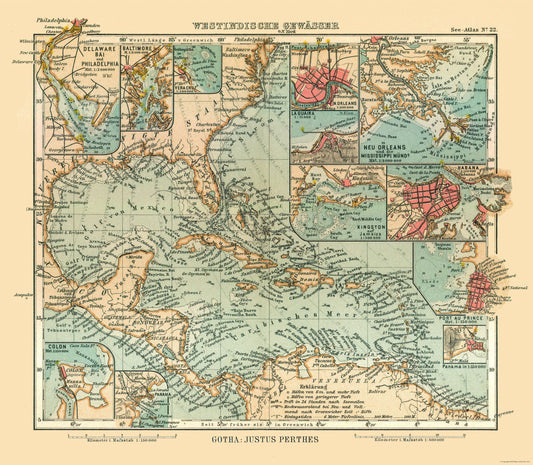 Historic Map - West Indies - Perthes 1914 - 26.89 x 23 - Vintage Wall Art