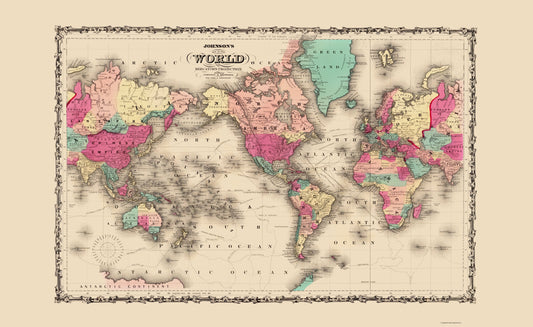 Historic Map - Mercator Projection - Johnson 1860 - 23 x 37.52 - Vintage Wall Art