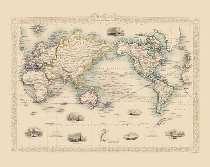 Historic Map - Mercator Projection - Tallis 1851 - 23 x 28 - Vintage Wall Art