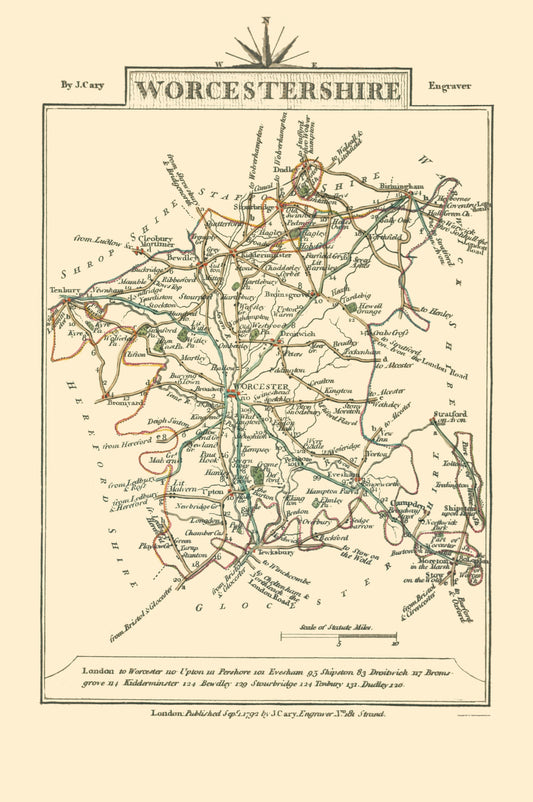 Historic Map - Worcestershire County England - Cary 1792 - 23 x 34.60 - Vintage Wall Art