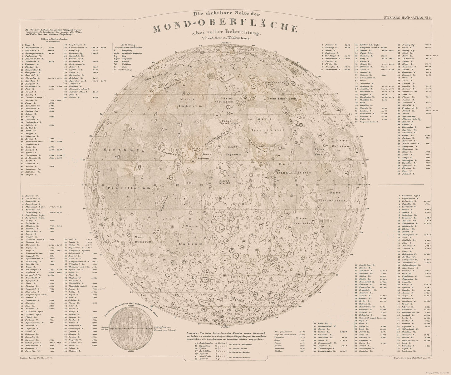 Historic Map - Moon Surface - Stieler 1885 - 27.68 x 23 - Vintage Wall Art