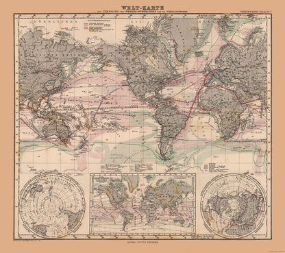 Historic Nautical Map - Sea Currents - Stieler 1885 - 25.93 x 23 - Vintage Wall Art