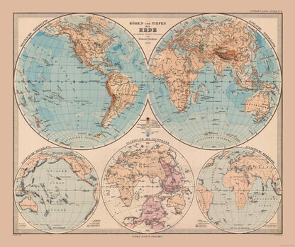 Historic Map - Hemispheres of Earth - Stieler 1885 - 27.45 x 23 - Vintage Wall Art