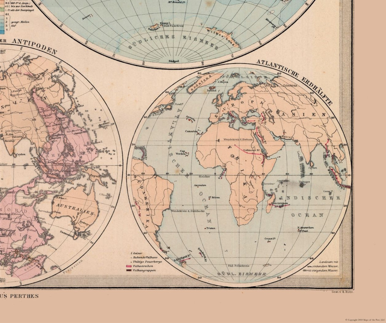 Historic Map - Hemispheres of Earth - Stieler 1885 - 27.45 x 23 - Vintage Wall Art